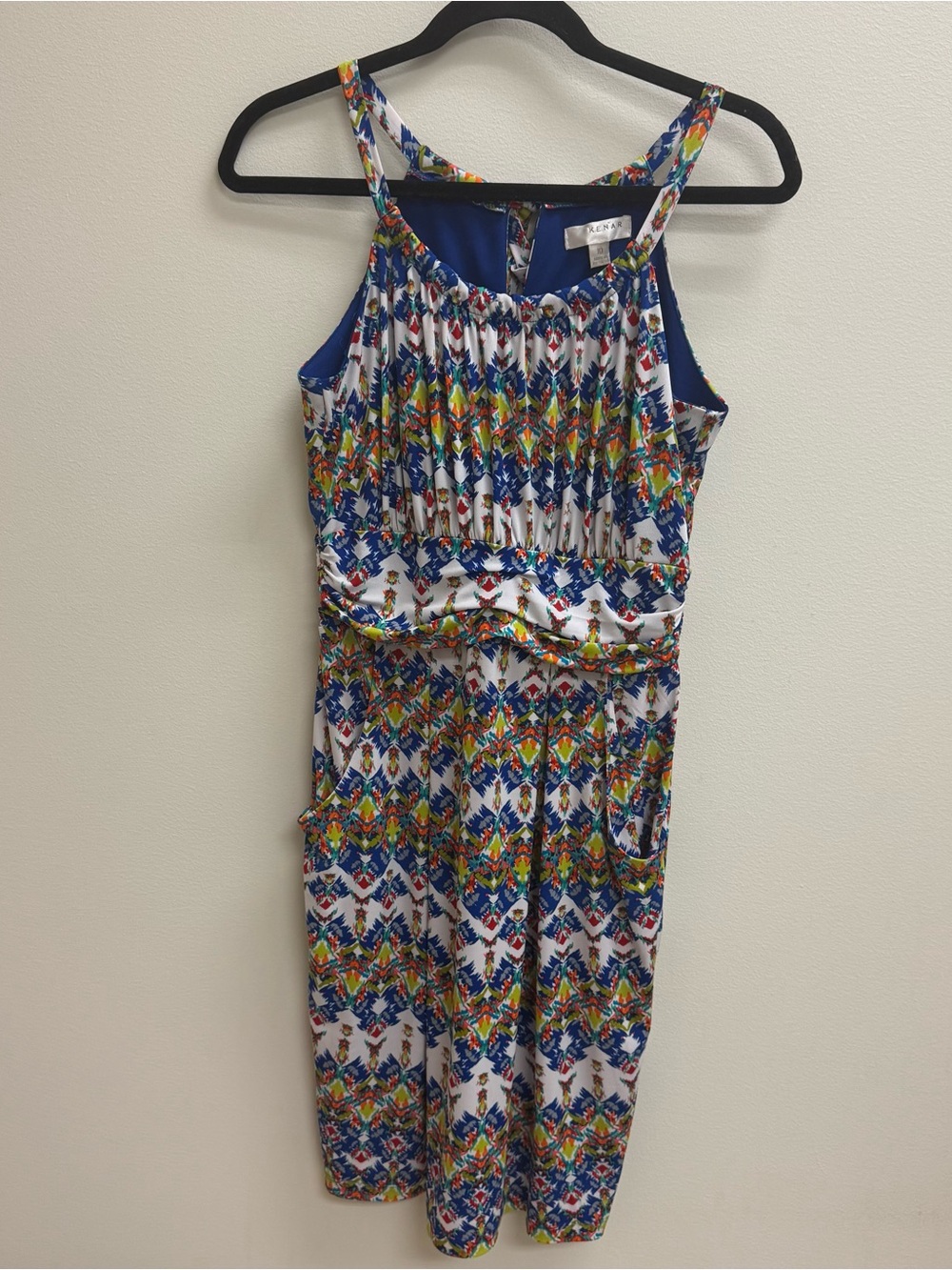 Kenar Tribal Geometric IKAT Print Sleeveless Dress Ruched Waist Pockets Size 10